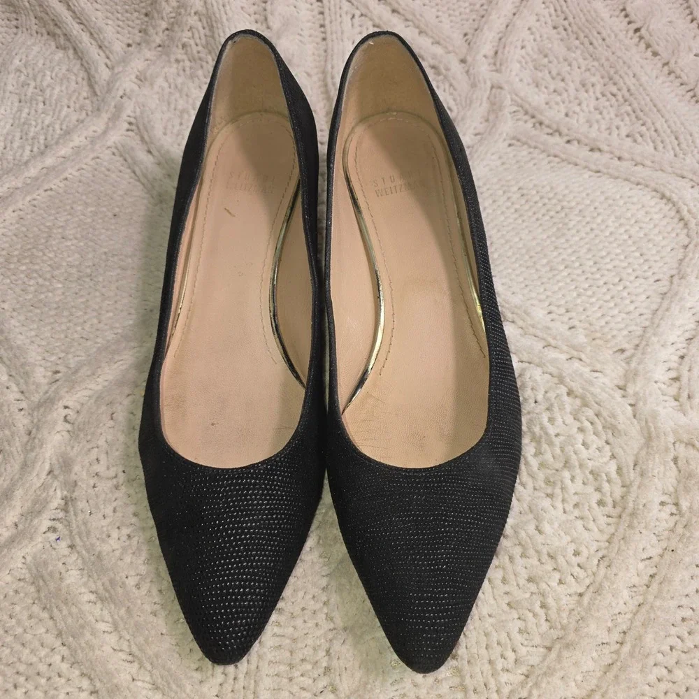 VTG Stuart Weitzman Textured Wedge Pump Black Tortoise Heel Womens 8.5 M - Picture 3 of 7